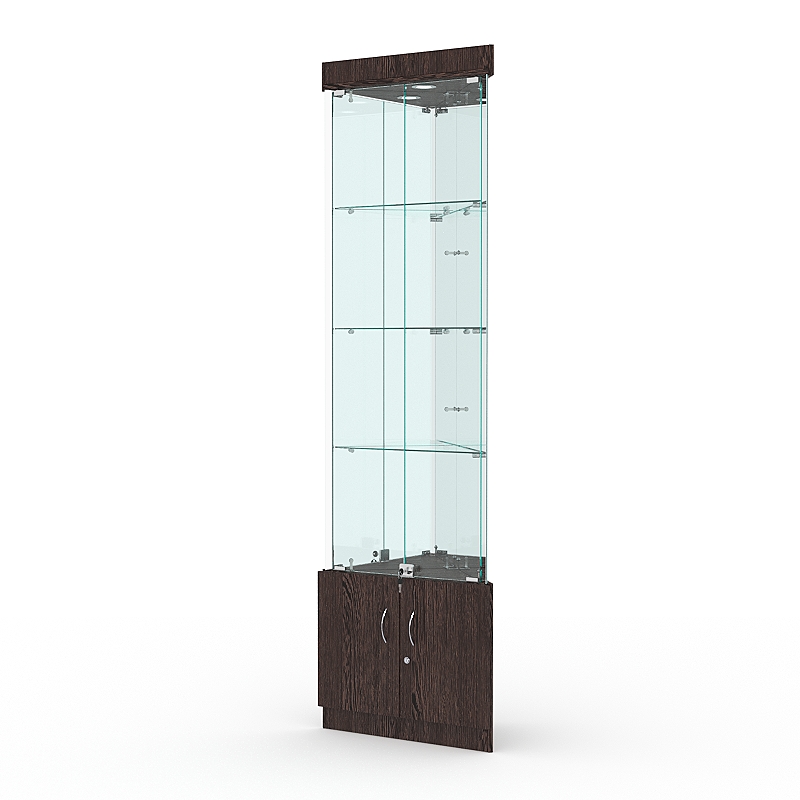 Витрина стеклянная ИСТРА угловая №3-У трехгранная (с дверками, бока - зеркало), Дуб Венге