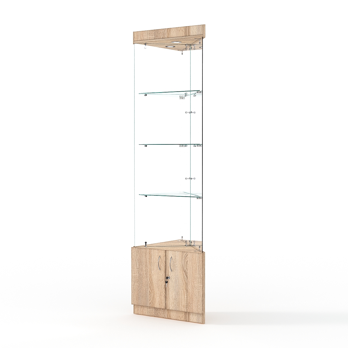 Витрина стеклянная ИСТРА угловая №103-У трехгранная (без дверок, бока - зеркало), Дуб Сонома