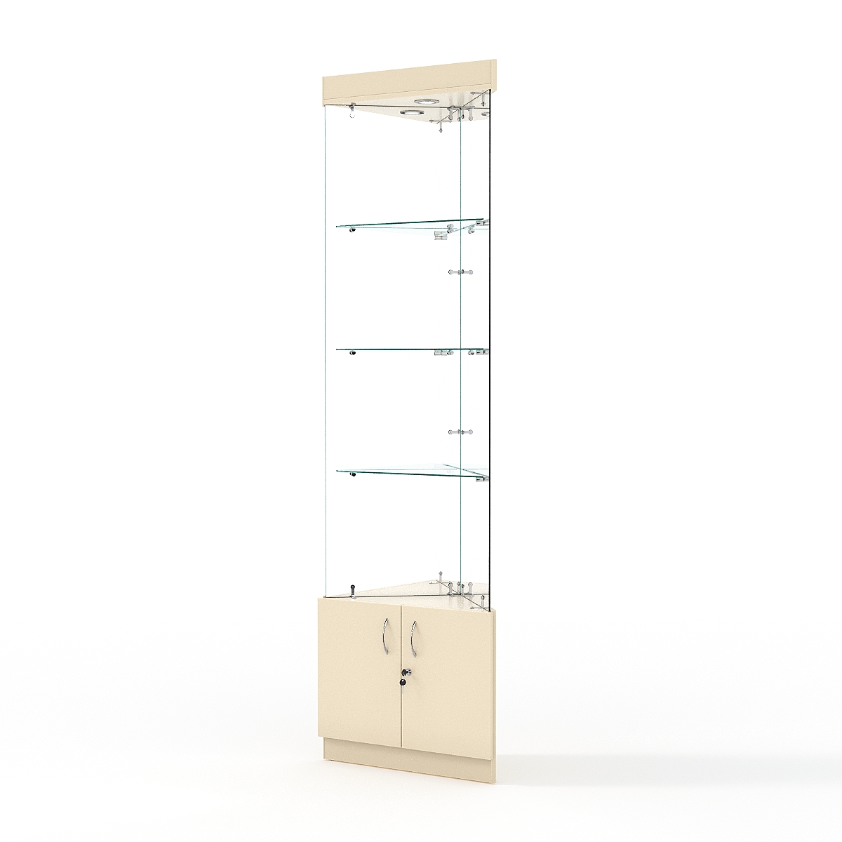 Витрина стеклянная ИСТРА угловая №103-У трехгранная (без дверок, бока - зеркало), Крем Вайс