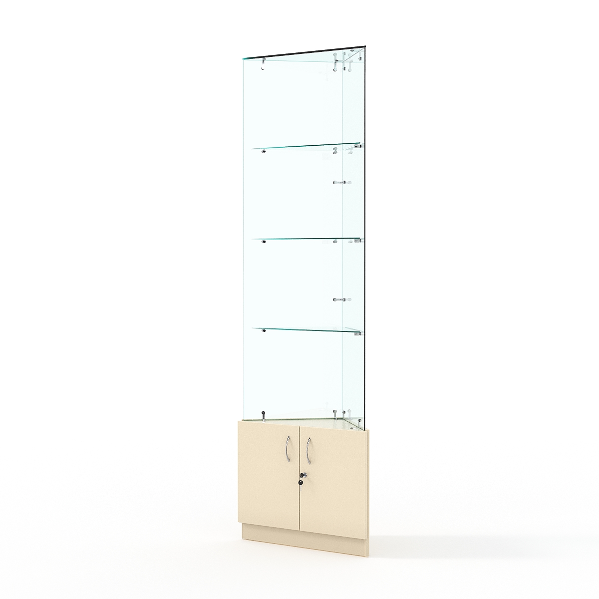 Витрина стеклянная ИСТРА угловая №105-У трехгранная (без дверок, бока - стекло), Крем Вайс