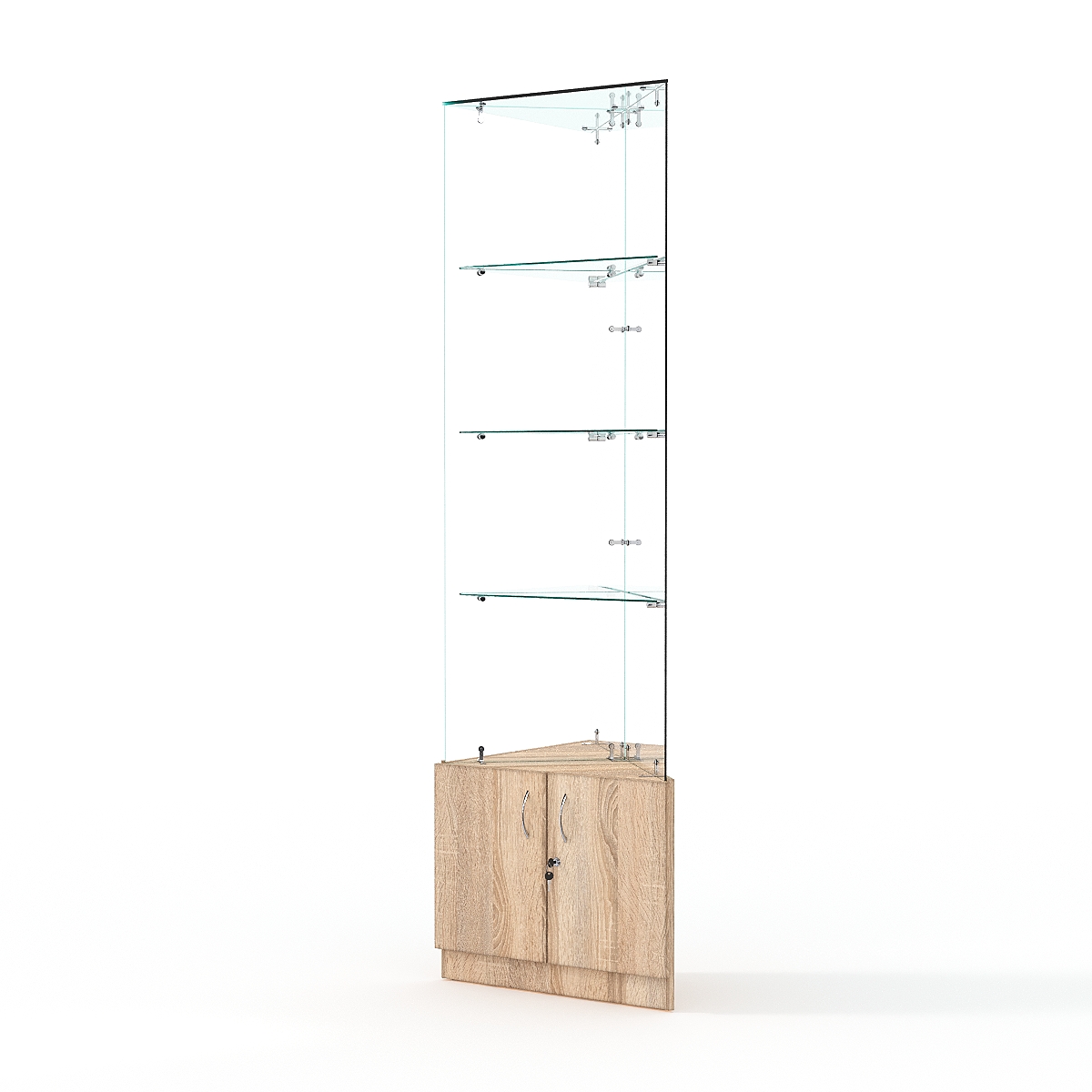 Витрина стеклянная ИСТРА угловая №107-У трехгранная (без дверок, бока - зеркало), Дуб Сонома