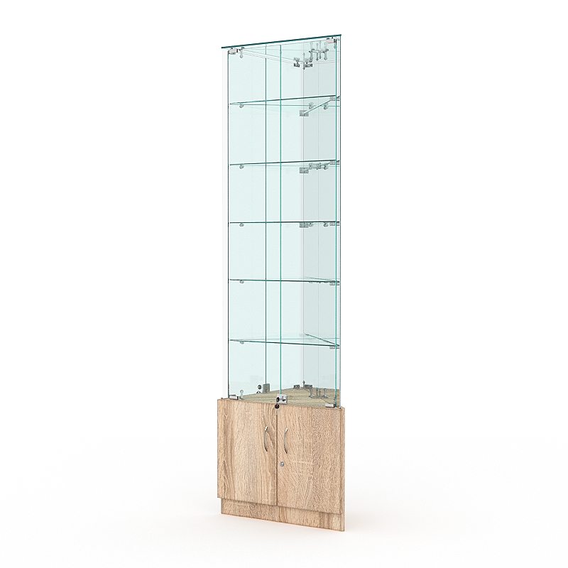 Витрина стеклянная ИСТРА угловая №507-У трехгранная (с дверками, бока - зеркало), Дуб Сонома