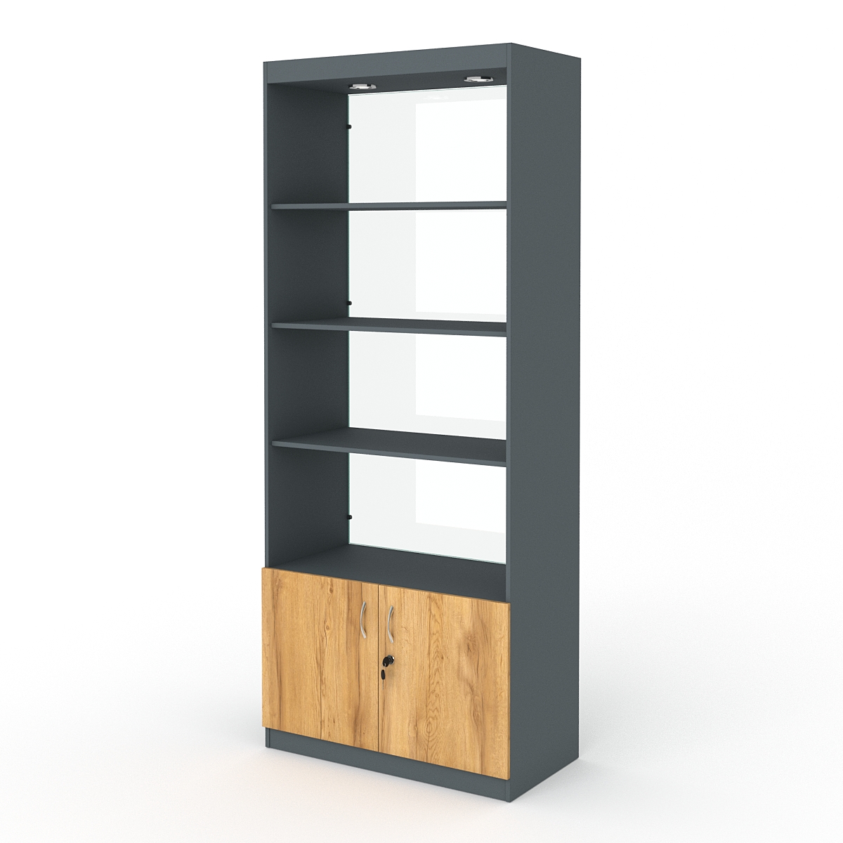 Стеллаж АФРОДИТА №1-2 (задняя стенка - стекло), Темно-серый и Дуб Золотистый