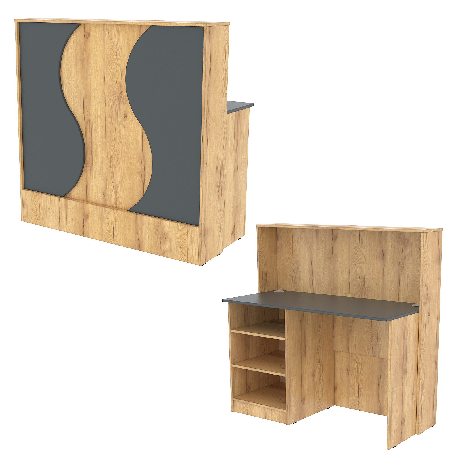 Ресепшн Нежность Волны №1В с левосторонней открытой тумбой, Дуб Золотистый и Темно-Серый