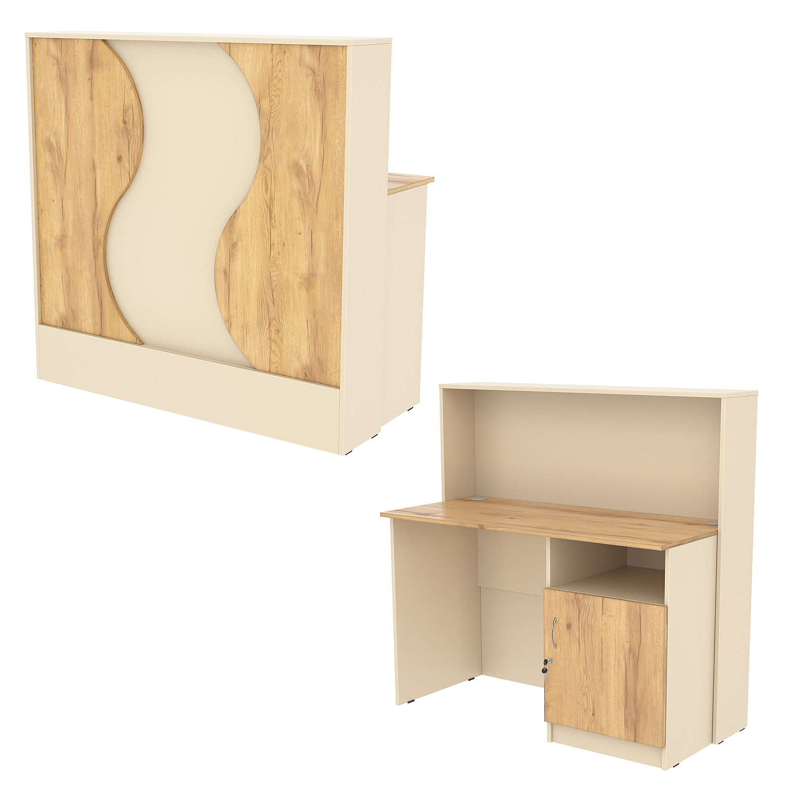 Ресепшн Нежность Волны №1В с правосторонней закрытой тумбой, Крем Вайс и Дуб Золотистый