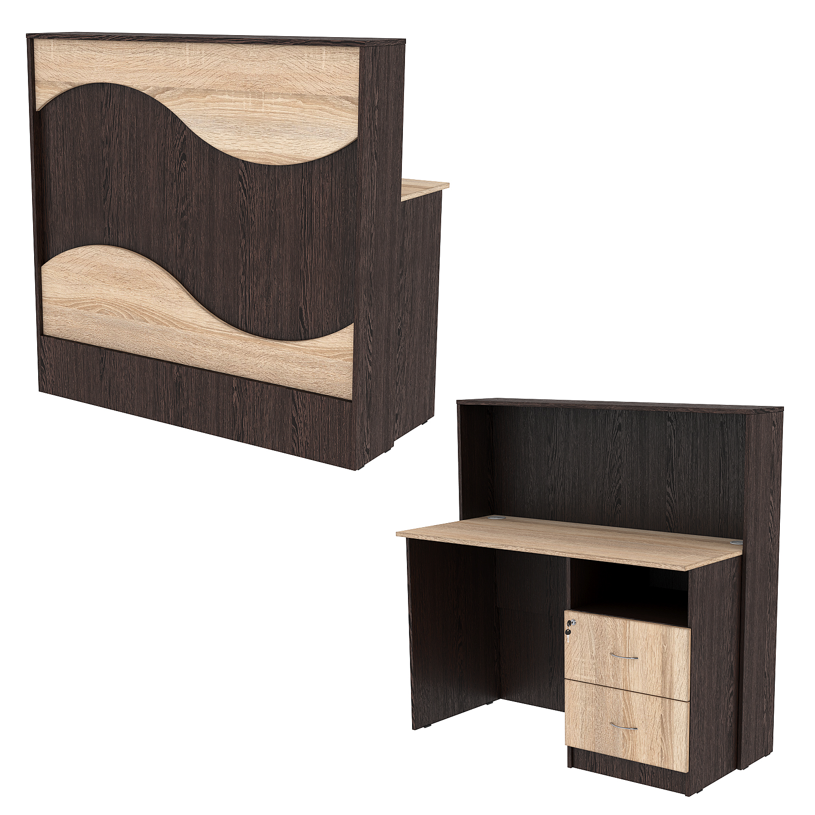 Ресепшн Нежность Волны №1А с правосторонней тумбой с ящиками, Дуб Венге и Дуб Сонома