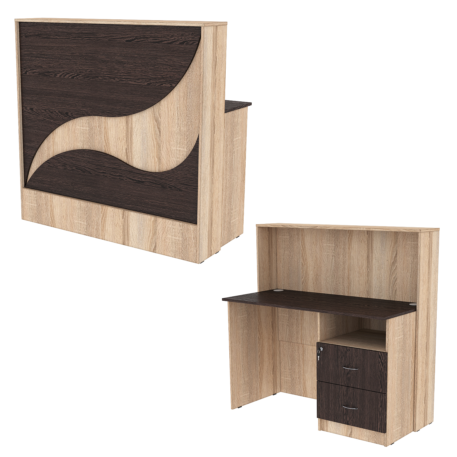 Ресепшн Нежность Волны №1Б с правосторонней тумбой с ящиками, Дуб Сонома + Дуб Венге