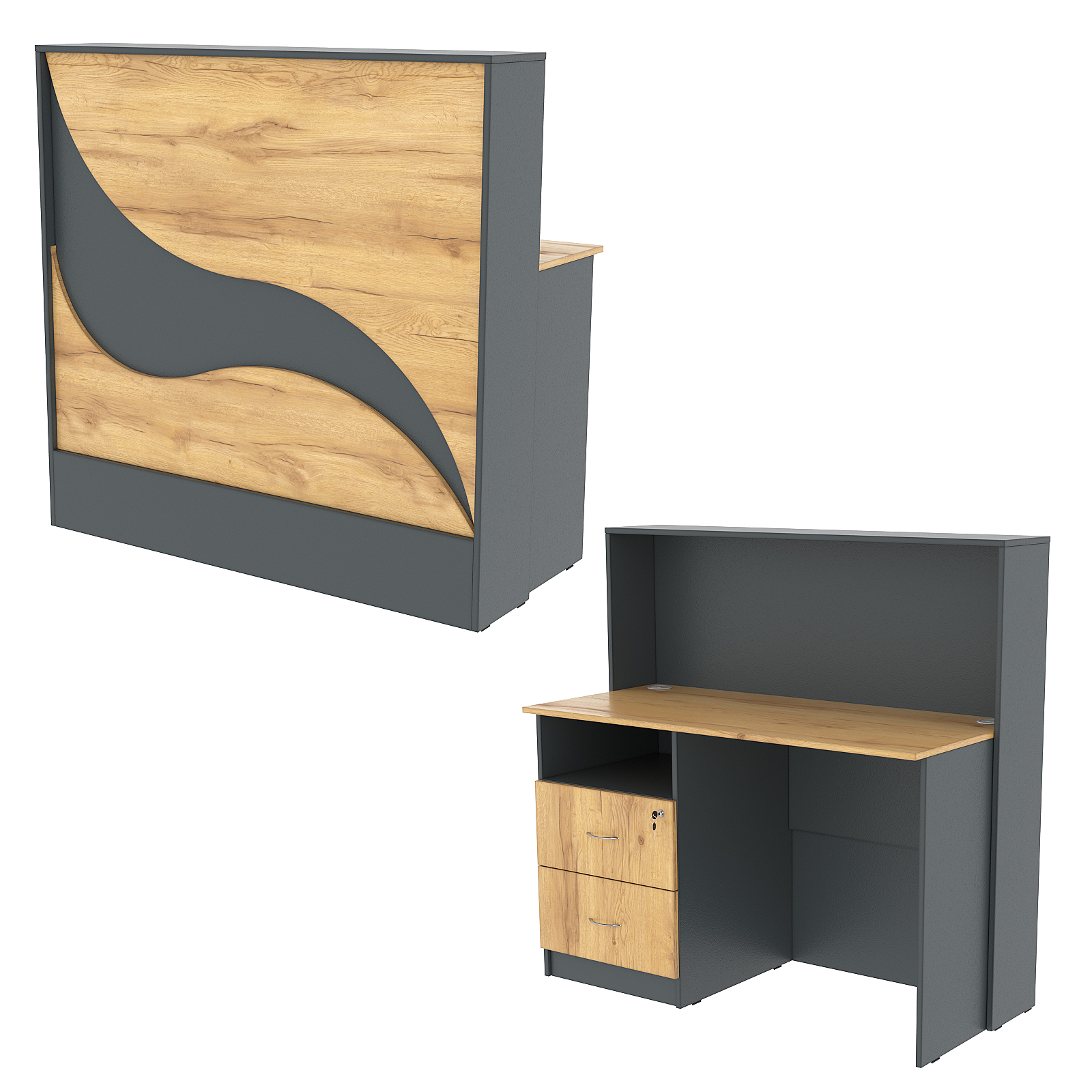 Ресепшн Нежность Волны №1Б с левосторонней тумбой с ящиками, Темно-серый и Дуб Золотистый