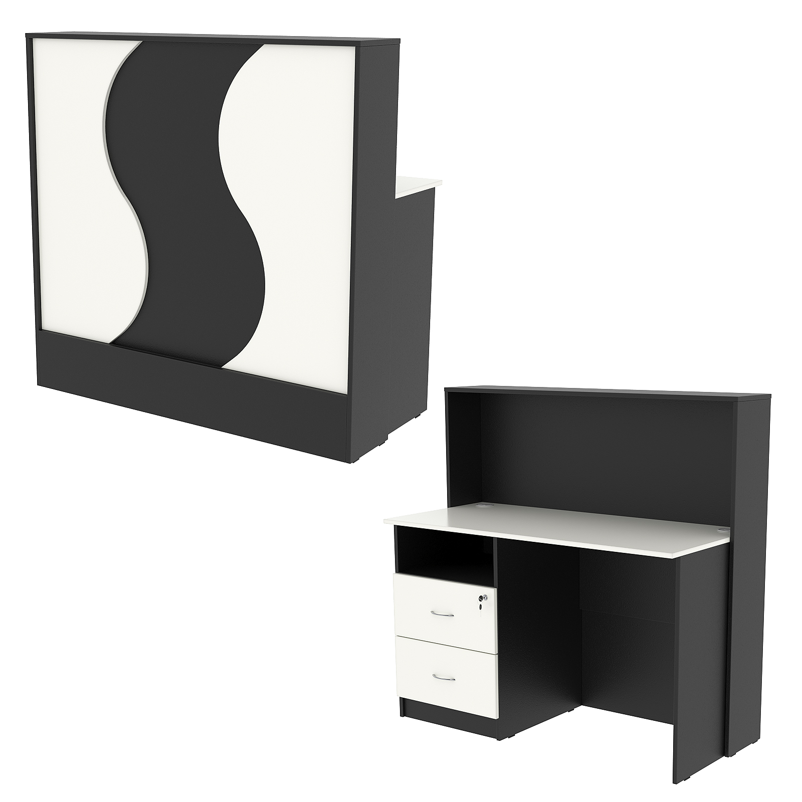 Ресепшн Нежность Волны №1В с левосторонней тумбой с ящиками, Черный и Белый