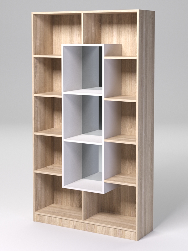 Стеллаж ДОМАШНИЙ для книг №4Б с 13-ю ячейками (задняя стенка - зеркало), Дуб Сонома и Белый