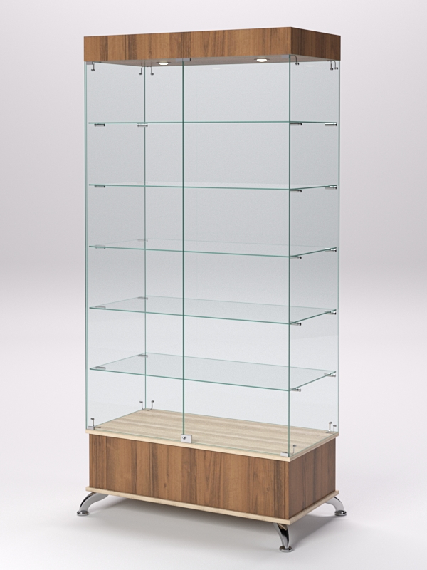 Витрина стеклянная ПРИМАВЕРА ПОДИУМ КЛАССИК №509-Ф (с дверками, задняя стенка - стекло), Орех и Дуб Сонома
