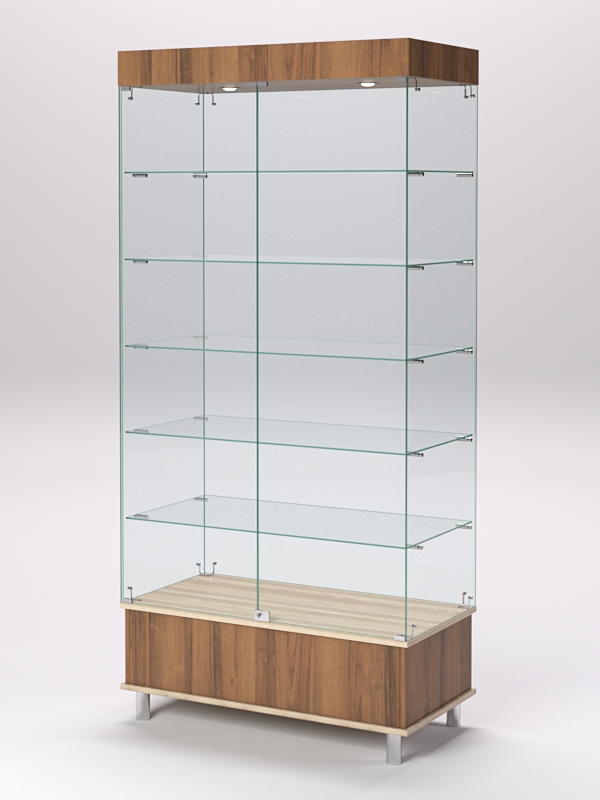 Витрина стеклянная ПРИМАВЕРА ПОДИУМ МОДЕРН №509-Ф (с дверками, задняя стенка - стекло), Орех и Дуб Сонома
