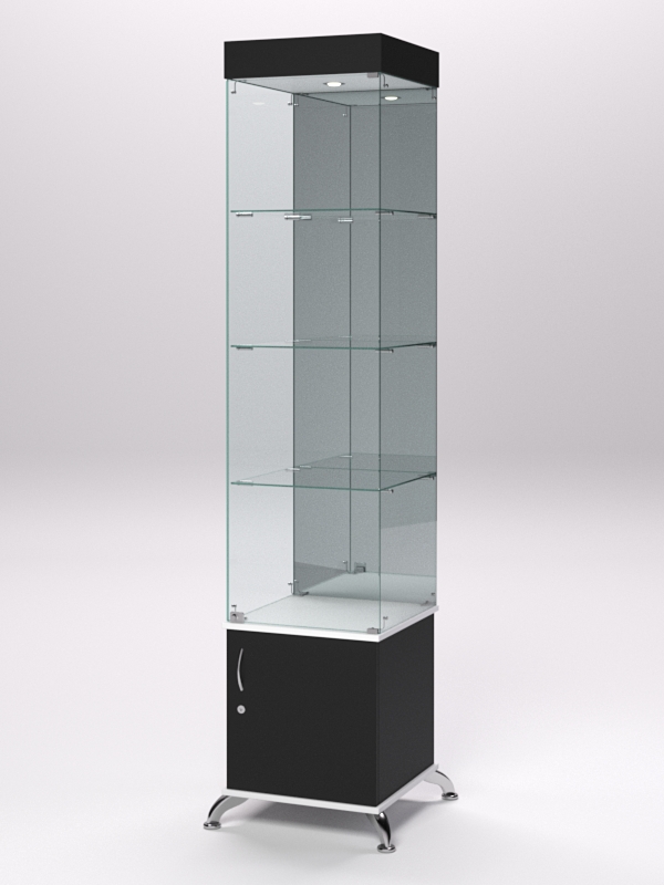 Витрина стеклянная ПРИМА КЛАССИКА №4 (с дверкой, задняя стенка - зеркало), Черный и Белый