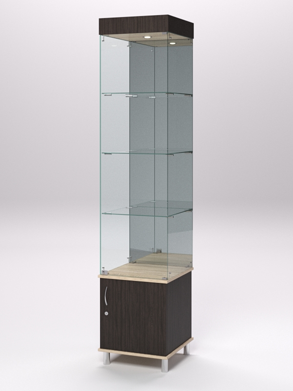 Витрина стеклянная ПРИМА МОДЕРН №4 (с дверкой, задняя стенка - зеркало), Дуб Венге и Дуб Сонома