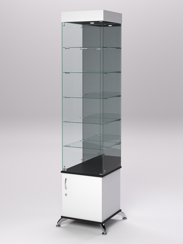 Витрина стеклянная ПРИМА КЛАССИК №504 (с дверкой, задняя стенка - зеркало), Белый и Черный