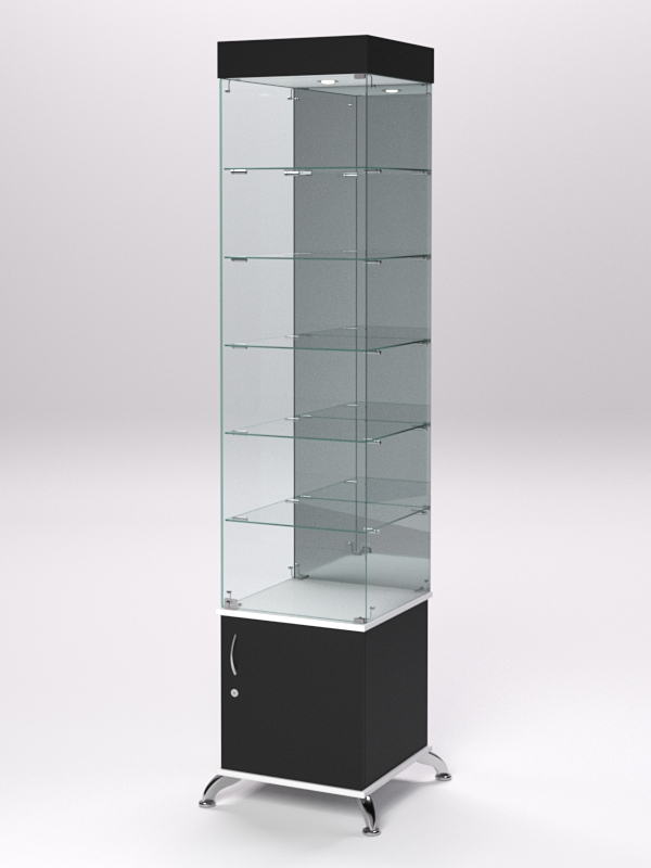 Витрина стеклянная ПРИМА КЛАССИК №504 (с дверкой, задняя стенка - зеркало), Черный и Белый