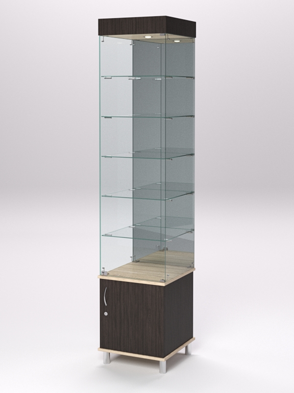 Витрина стеклянная ПРИМА МОДЕРН №504 (с дверкой, задняя стенка - зеркало), Дуб Венге и Дуб Сонома