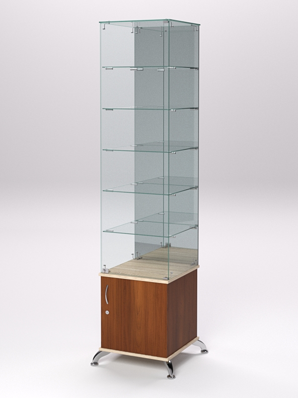 Витрина стеклянная ПРИМА КЛАССИК №508 (с дверкой, задняя стенка - зеркало), Орех и Дуб Сонома