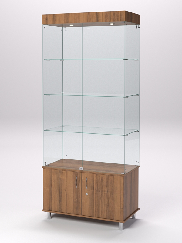 Витрина стеклянная ПРИМА МОДЕРН №1 (с дверками, задняя стенка - стекло), Орех