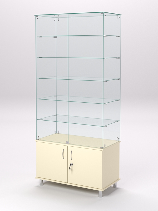 Витрина стеклянная ПРИМА МОДЕРН №505 (с дверками, задняя стенка - стекло), Крем Вайс