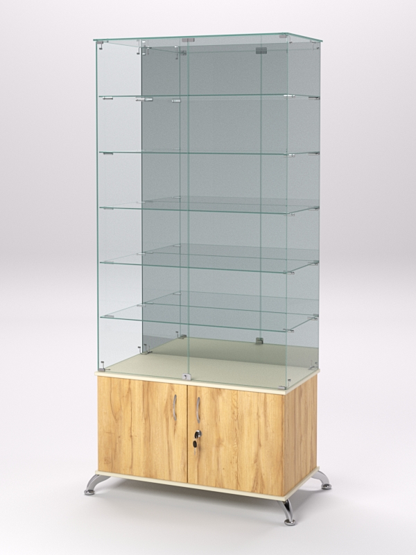 Витрина стеклянная ПРИМА КЛАССИК №507 (с дверками, задняя стенка - зеркало), Крем Вайс и Дуб Золотистый