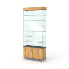 Витрина стеклянная ПРИМА МОДЕРН №31 (с дверками, задняя стенка - стекло), Темно-серый и Дуб Золотистый