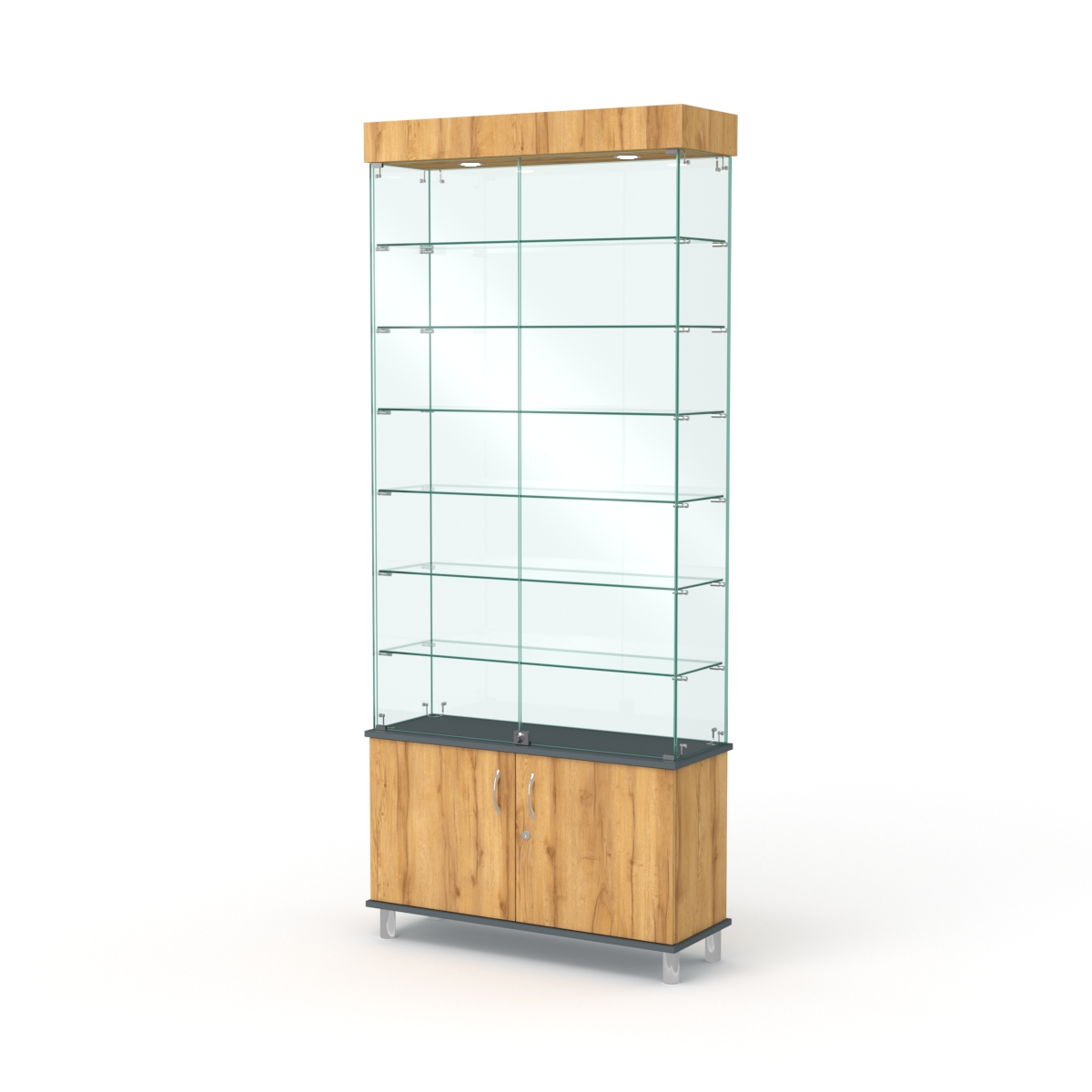 Витрина стеклянная ПРИМА МОДЕРН №31 (с дверками, задняя стенка - стекло), Темно-серый и Дуб Золотистый