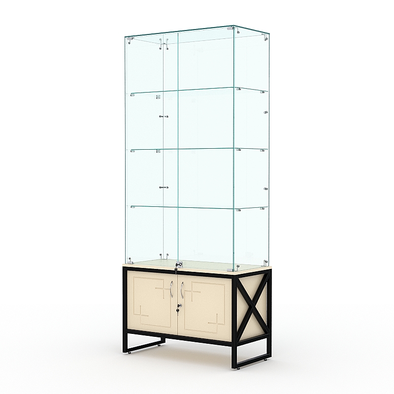 Витрина стеклянная ЛОФТ СТИЛЬ №5 с фасадами ЗИГЗАГ-11 (с дверками, задняя стенка - стекло), Крем Вайс