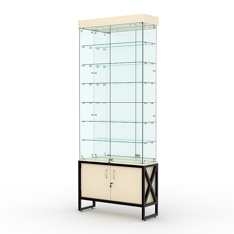 Витрина стеклянная ЛОФТ СТИЛЬ №32 (с дверками, задняя стенка - зеркало), Крем Вайс