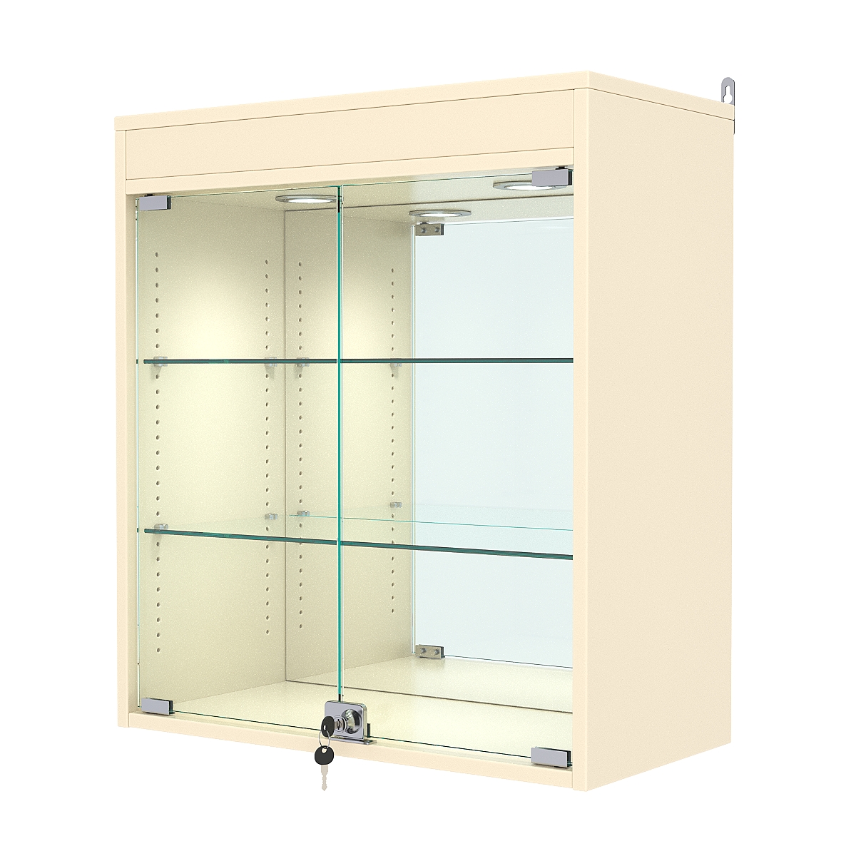 Витрина настенная с регулировочными полками №1-4АГ-РЕГ с зеркалом и подсветкой, Крем Вайс