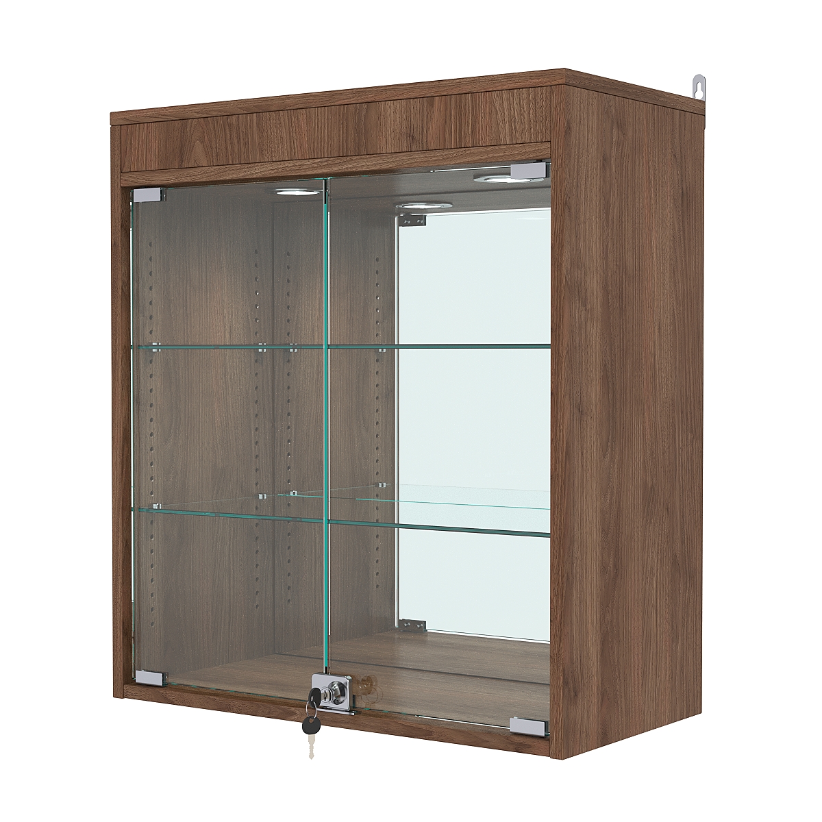 Витрина настенная с регулировочными полками №1-4АГ-РЕГ с зеркалом и подсветкой, Орех
