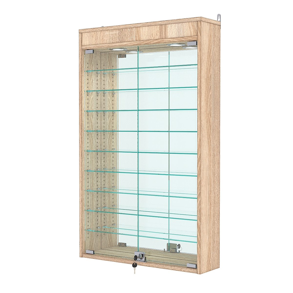 Витрина настенная с регулировочными полками №2-8А-РЕГ с зеркалом и с подсветкой, Дуб Сонома