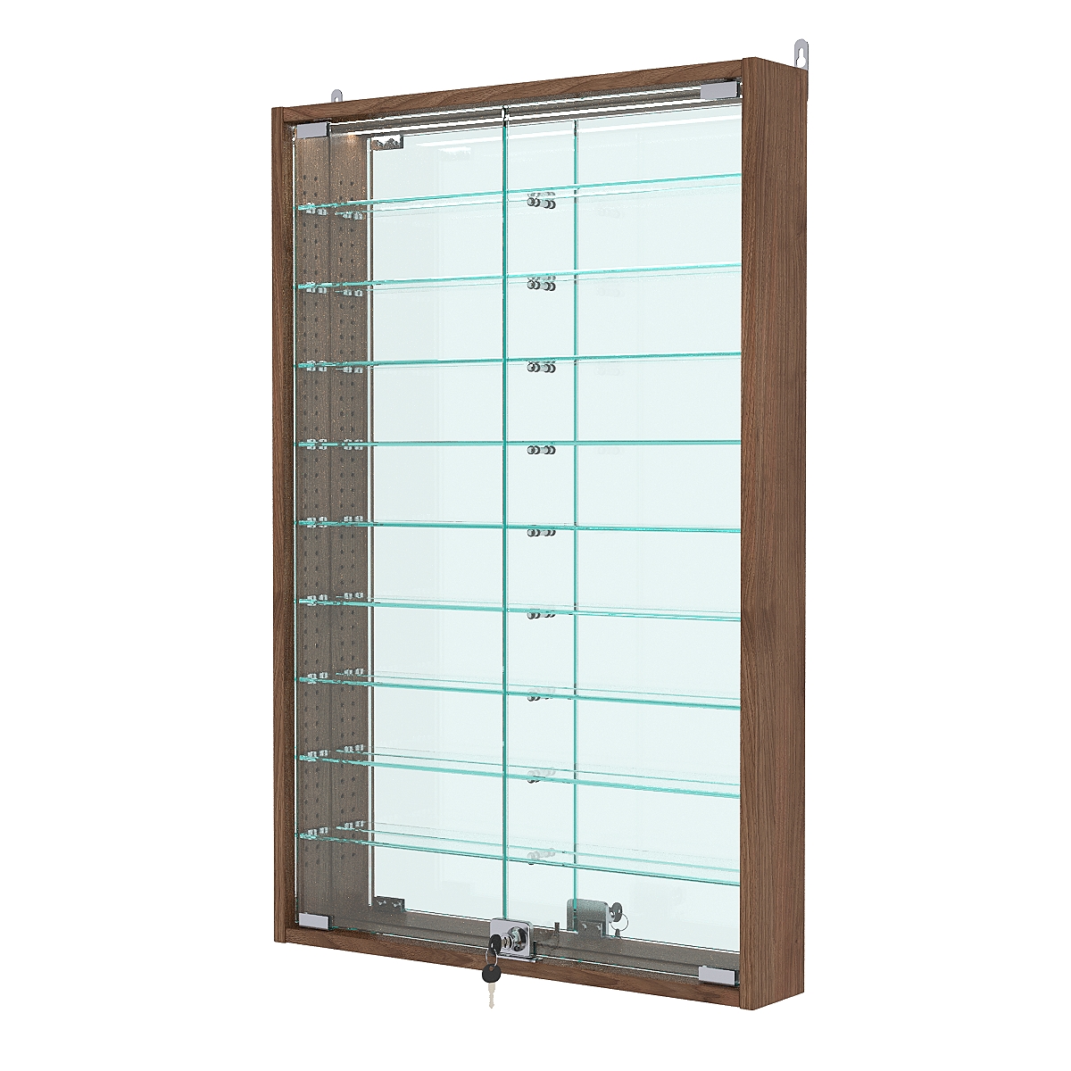 Витрина настенная с регулировочными полками №2-8АУ-РЕГ с зеркалом и с подсветкой, Орех