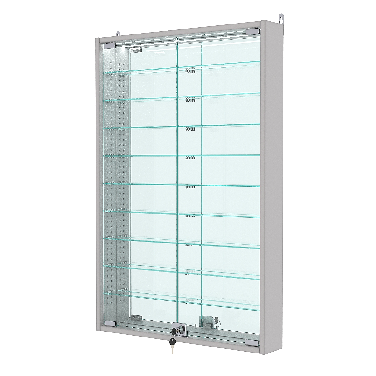 Витрина настенная с регулировочными полками №2-8АУ-РЕГ с зеркалом и с подсветкой, Серый