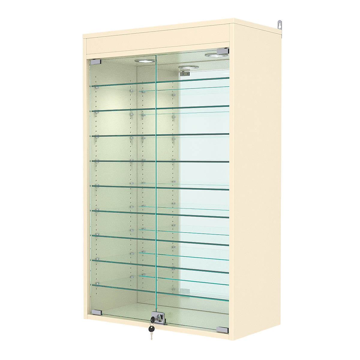 Витрина настенная с регулировочными полками №2-8АГ-РЕГ с зеркалом и с подсветкой, Крем Вайс