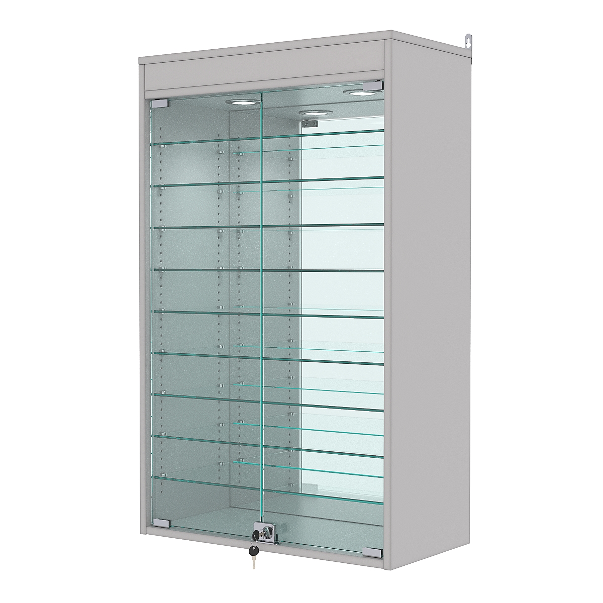 Витрина настенная с регулировочными полками №2-8АГ-РЕГ с зеркалом и с подсветкой, Серый