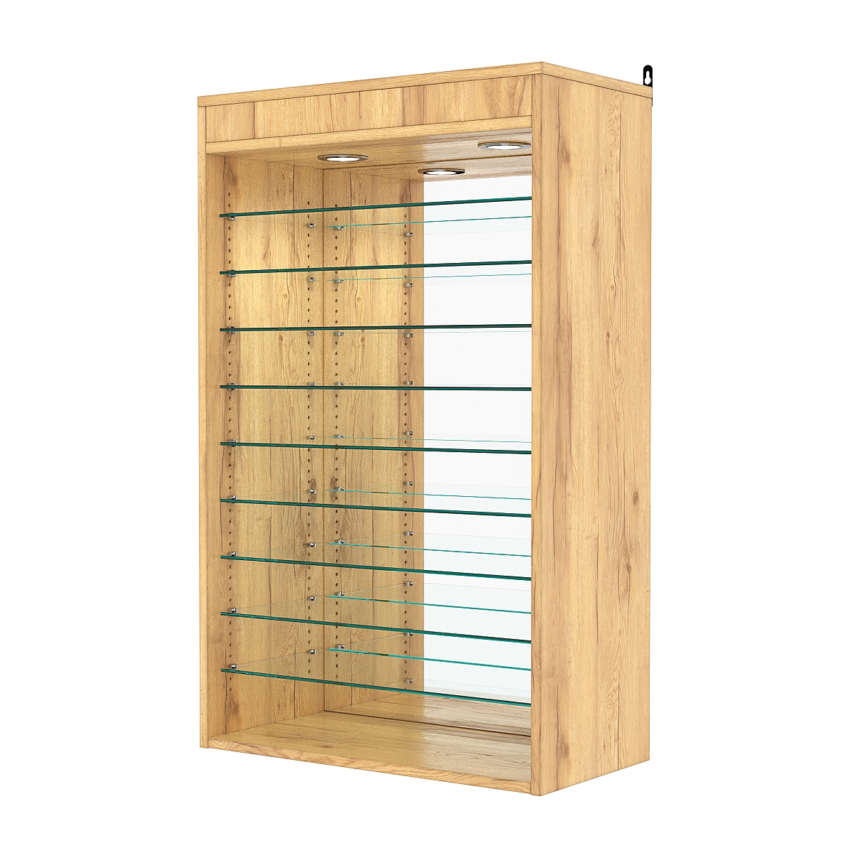 Витрина настенная с регулировочными полками №2-8ГГ-РЕГ с зеркалом и с подсветкой, Дуб Золотистый