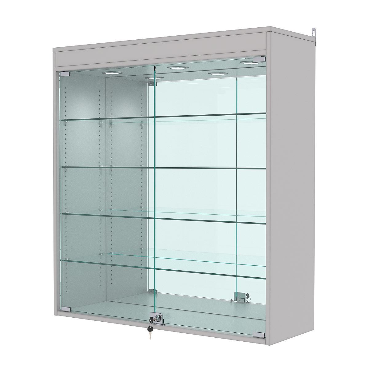 Витрина настенная с регулировочными полками №4-4АГ-РЕГ с зеркалом и с подсветкой, Серый