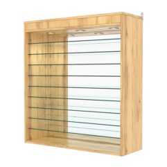 Витрина настенная с регулировочными полками №4-8ГГ-РЕГ с зеркалом и с подсветкой, Дуб Золотистый