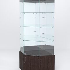 Витрина стеклянная ИСТРА угловая №14 пятигранная (с дверкой, задние стенки - зеркало), Дуб Венге