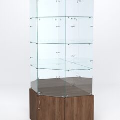 Витрина стеклянная ИСТРА угловая №16 пятигранная (с дверкой, задние стенки - зеркало), Орех