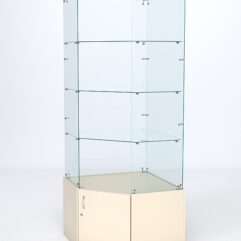 Витрина стеклянная ИСТРА угловая №115 пятигранная (без дверки, задние стенки - стекло), Крем Вайс