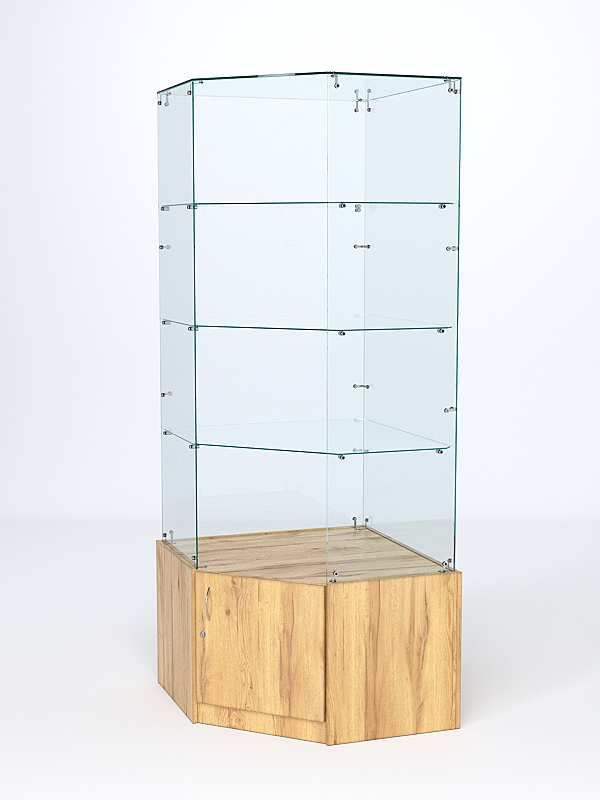 Витрина стеклянная ИСТРА угловая №115 пятигранная (без дверки, задние стенки - стекло), Дуб Золотистый