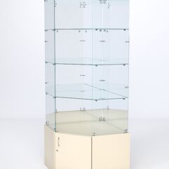 Витрина стеклянная ИСТРА угловая №116 пятигранная (без дверки, задние стенки - зеркало), Крем Вайс