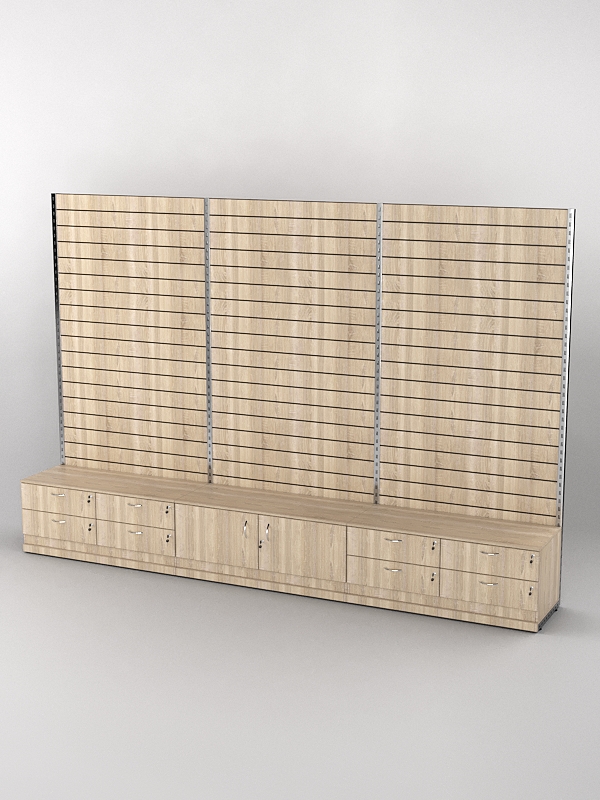 Пристенная торговая система Bazic №4 с задней стенкой Э/П, тумбами Т14 и Т21 (3600мм), Дуб Сонома