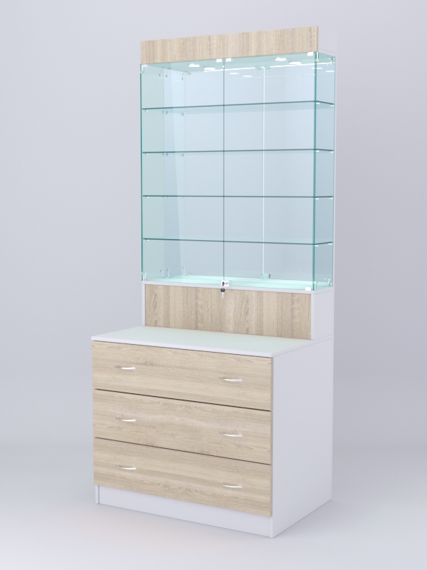 Витрина СОТА №10, задняя стенка Зеркало, Белый-Дуб Сонома