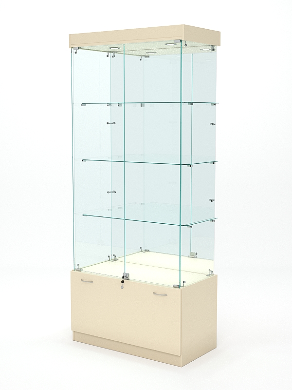 Витрина стеклянная КРИСТАЛЛ №3 (с дверками, задняя стенка - зеркало), Крем Вайс