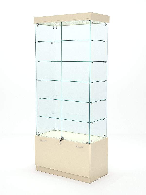 Витрина стеклянная КРИСТАЛЛ №501 (с дверками, задняя стенка - стекло), Крем Вайс