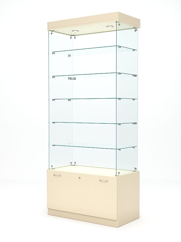 Витрина стеклянная КРИСТАЛЛ №601 (без дверок, задняя стенка - стекло), Крем Вайс