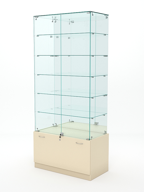 Витрина стеклянная КРИСТАЛЛ №507 (с дверками, задняя стенка - зеркало), Крем Вайс